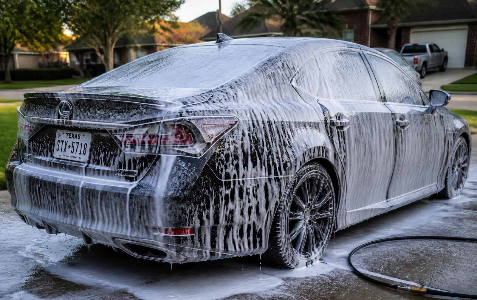 Dark car on a residential driveway fully covered in thick white wash foam