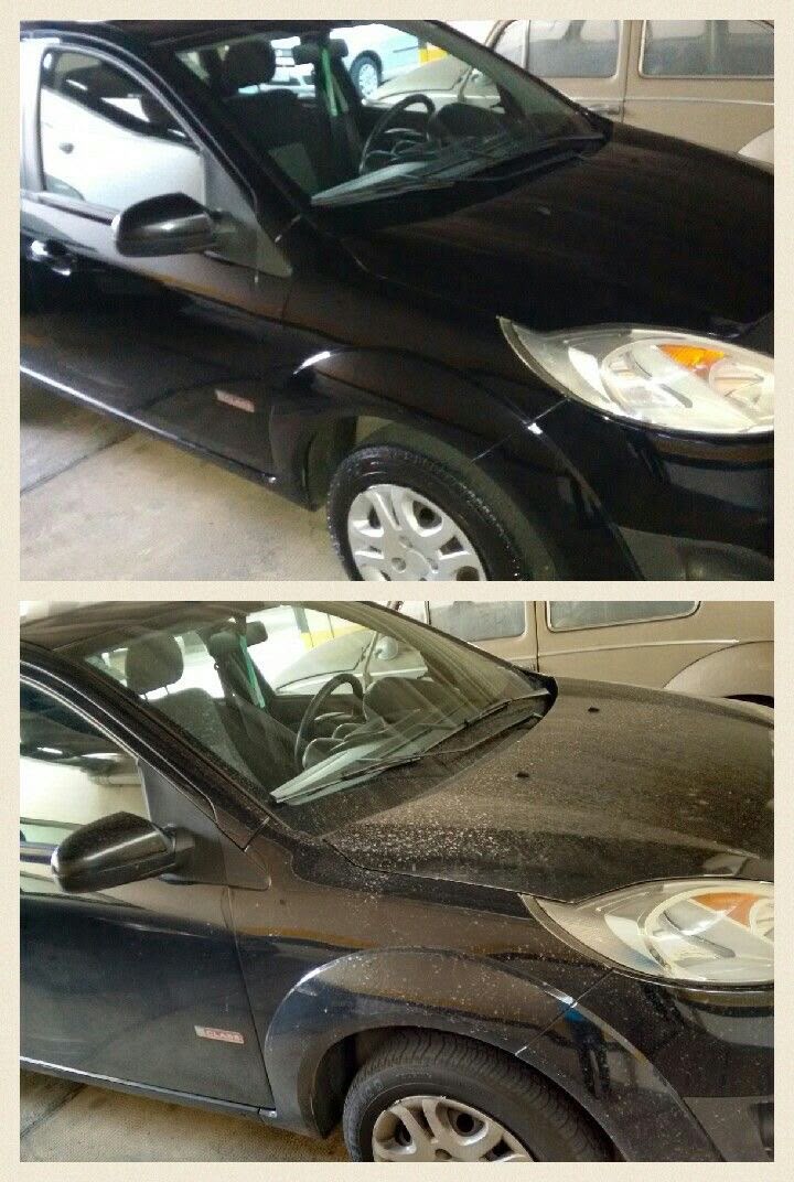 Before and after of a black hatchback front end — clean glossy paint above, dust-covered paint below