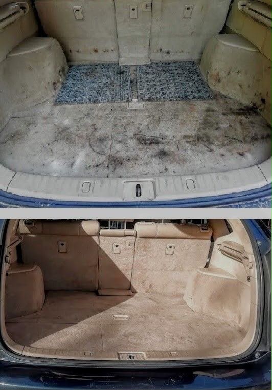 Before and after of an SUV cargo area — heavily stained carpet above, clean carpet below