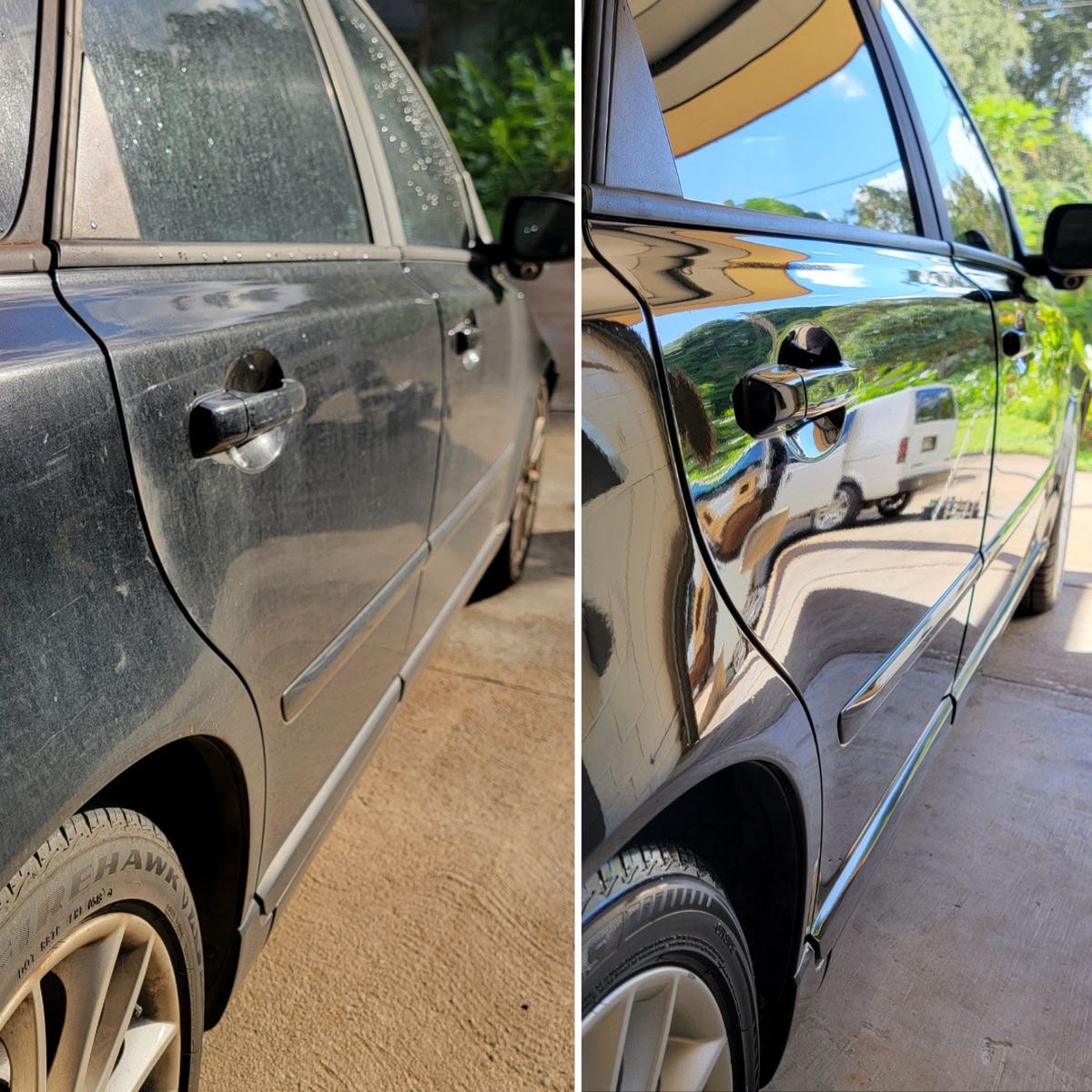 Before and after of a black car door — dusty flat paint on the left, mirror-gloss reflection on the right